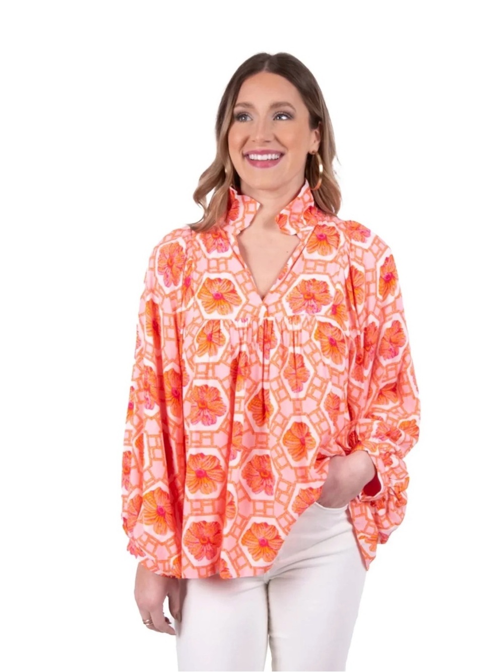 Emily McCarthy Stella Floral Crochet Flowy Blouse Pleated Small
